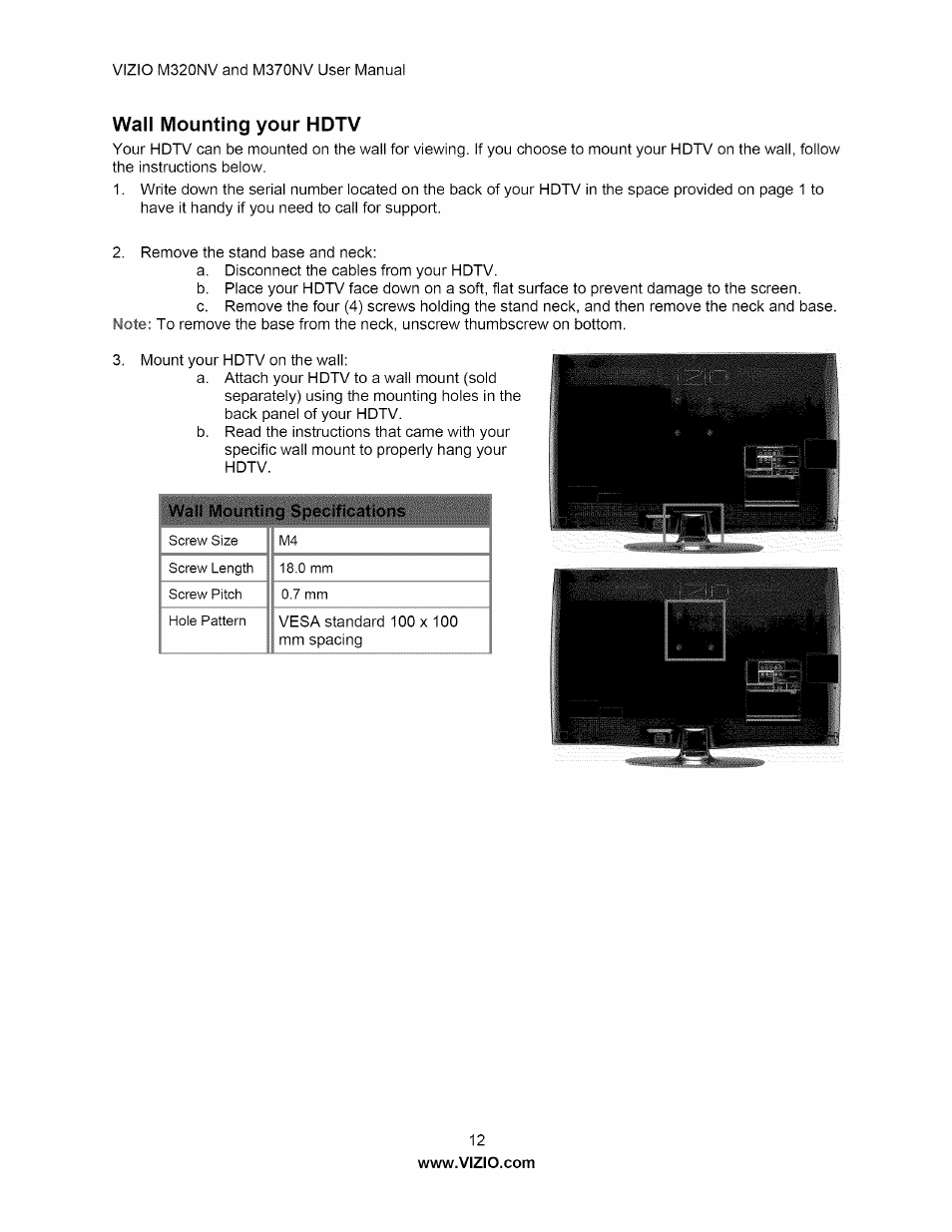 Wall mounting your hdtv, Wall mounting specifications | Vizio M320NV User Manual | Page 12 / 63
