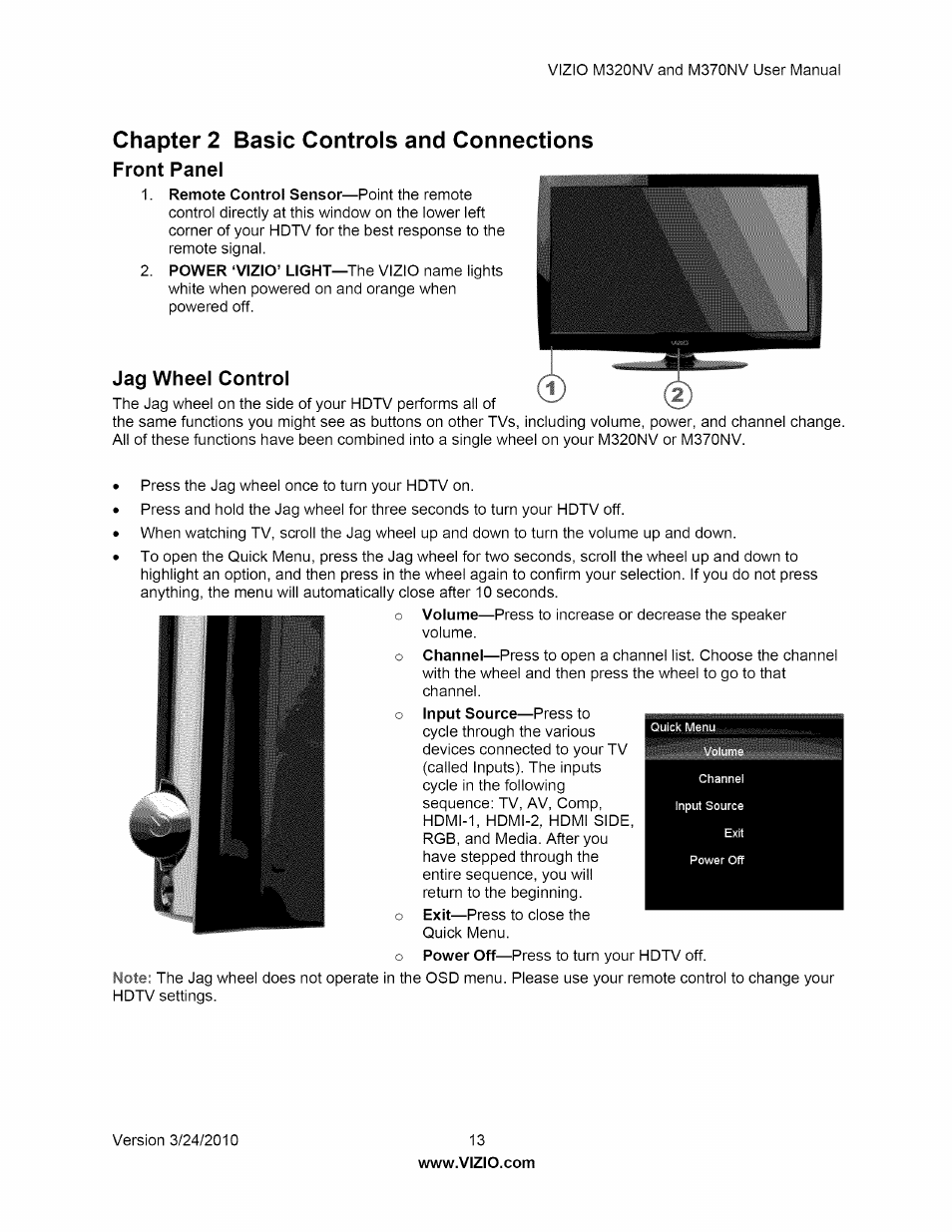 Front panel, Jag wheel control, Chapter 2 basic controls and connections | Vizio M320NV User Manual | Page 13 / 63
