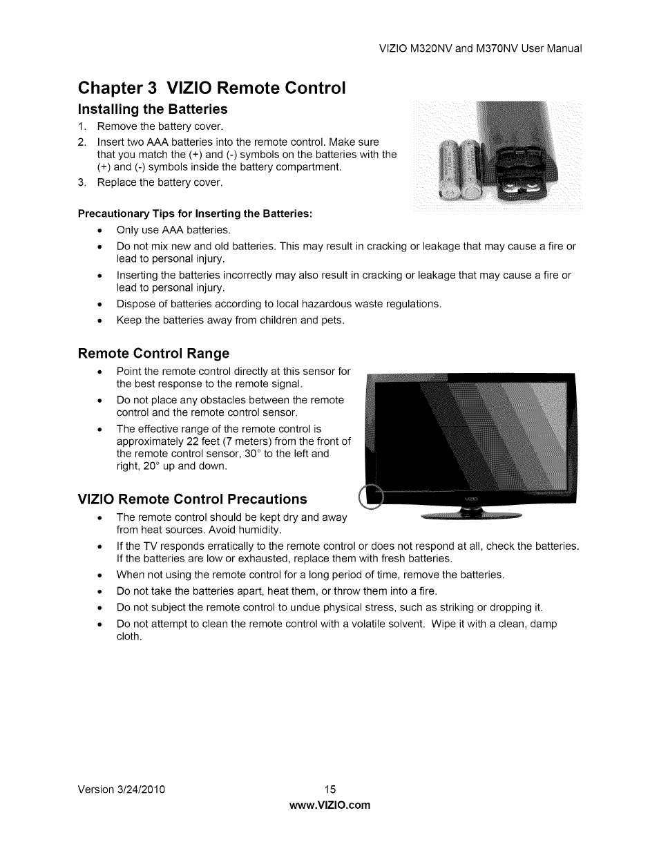 Installing the batteries, Remote control range, Vizio remote control precautions | Chapter 3 vizio remote control | Vizio M320NV User Manual | Page 15 / 63
