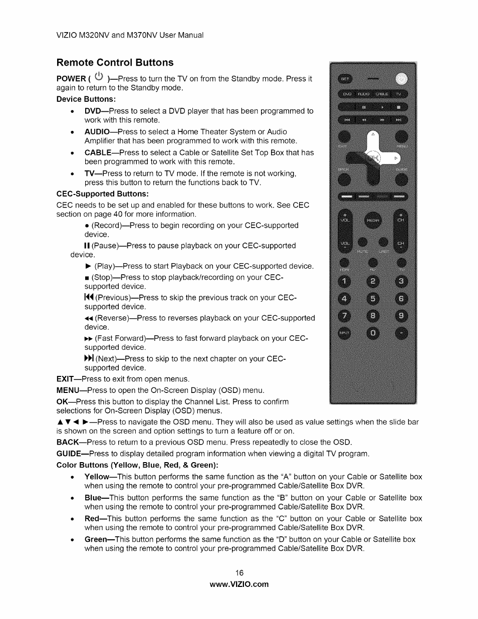 Remote control buttons, Remote control range | Vizio M320NV User Manual | Page 16 / 63