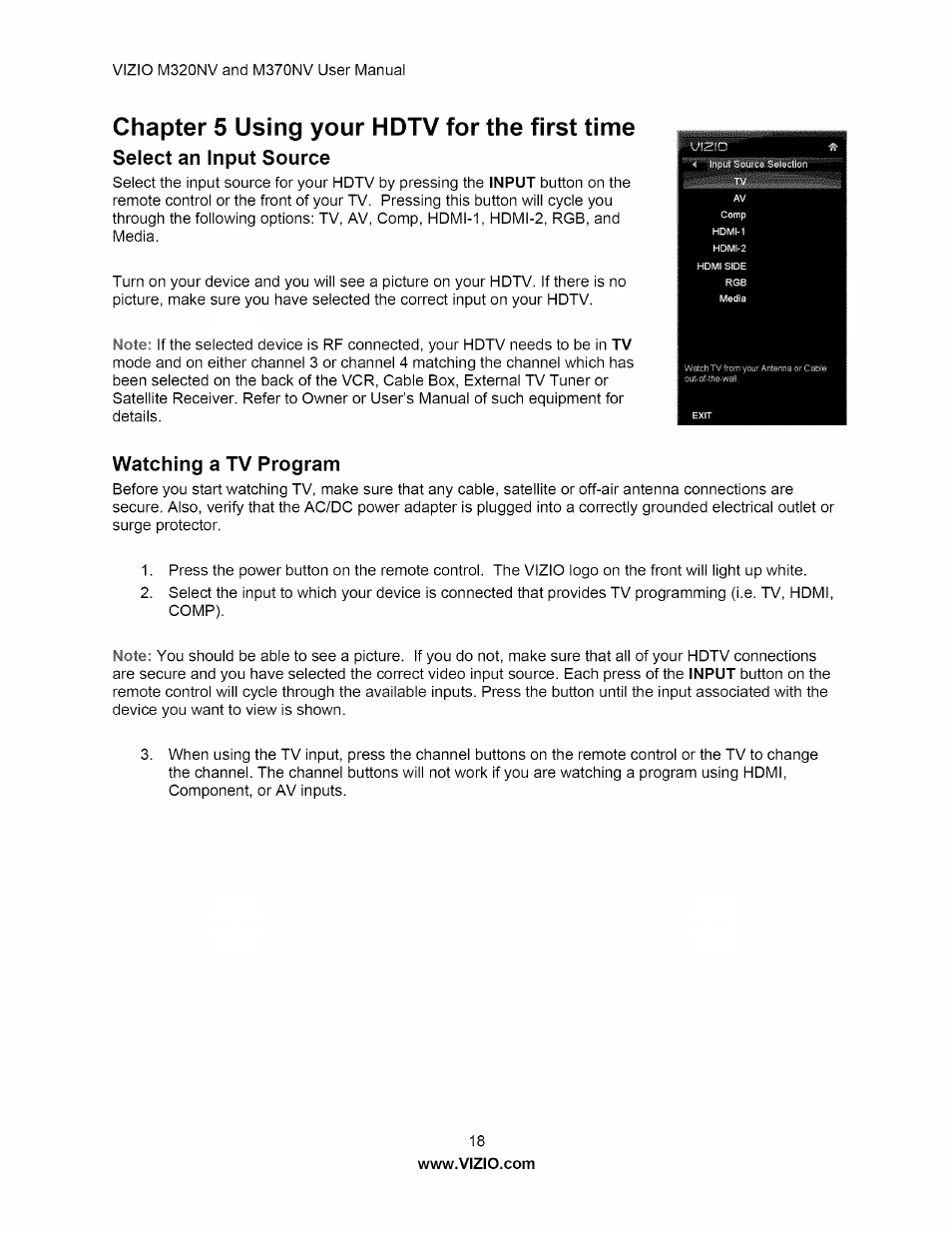 Select an input source, Watching a tv program, Select an input source watching a tv program | Chapter 5 using your hdtv for the first time | Vizio M320NV User Manual | Page 18 / 63