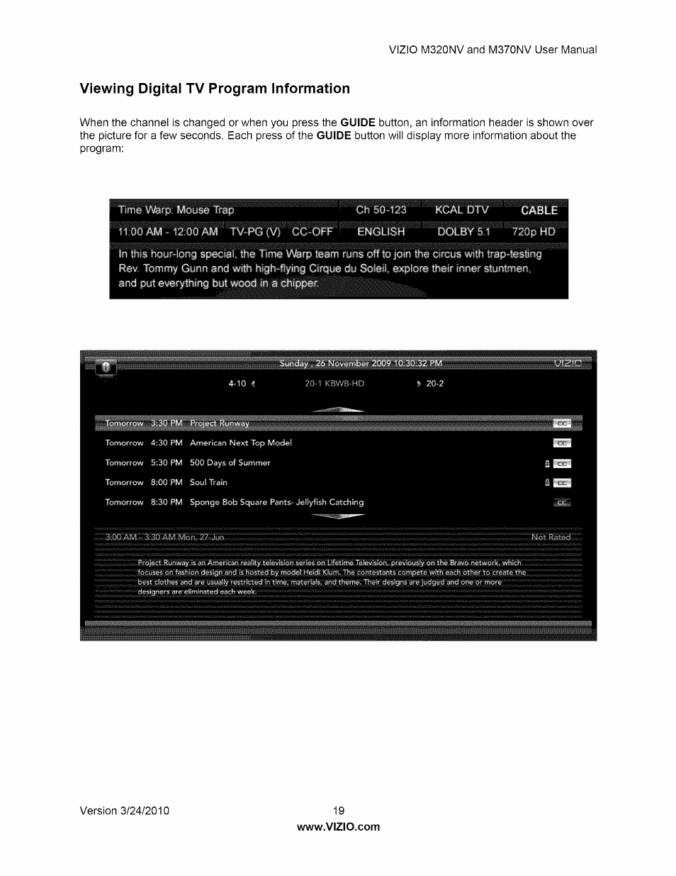 Viewing digitai tv program information, Viewing digital tv program information | Vizio M320NV User Manual | Page 19 / 63