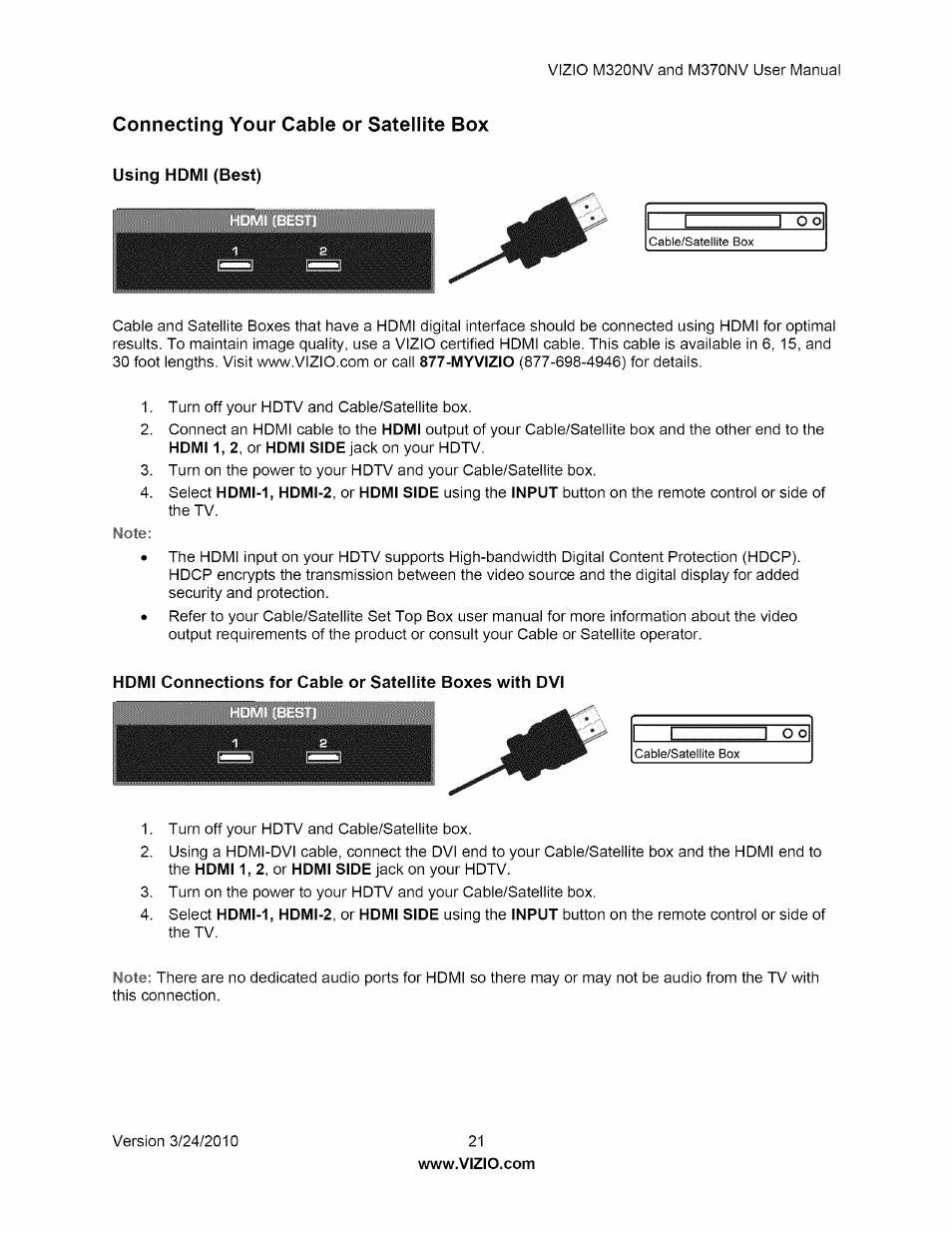 Connecting your cable or satellite box, Using homi (best) | Vizio M320NV User Manual | Page 21 / 63