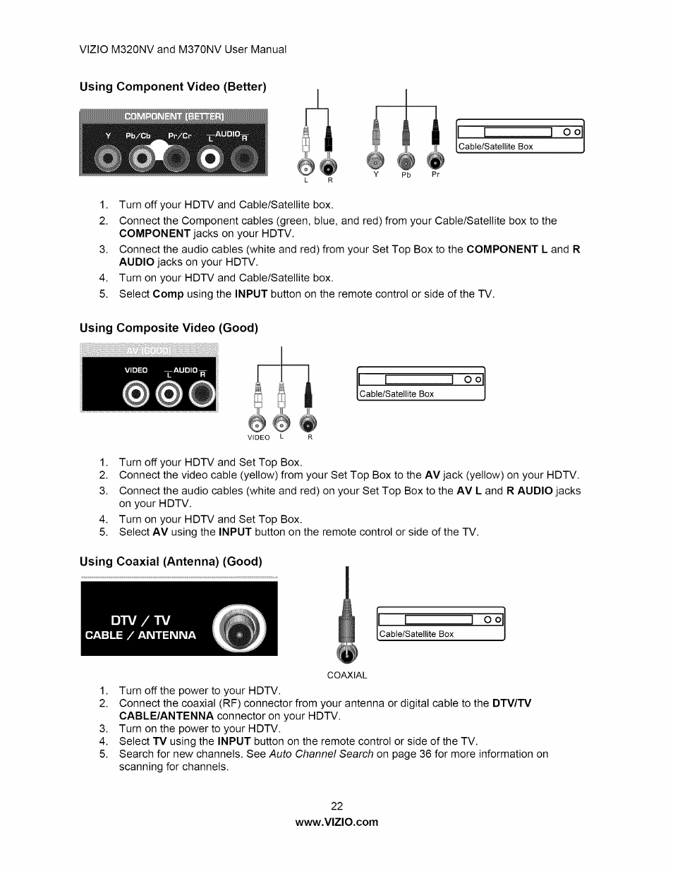 Using component video (better), Using composite video (good), Using coaxial (antenna) (good) | Vizio M320NV User Manual | Page 22 / 63