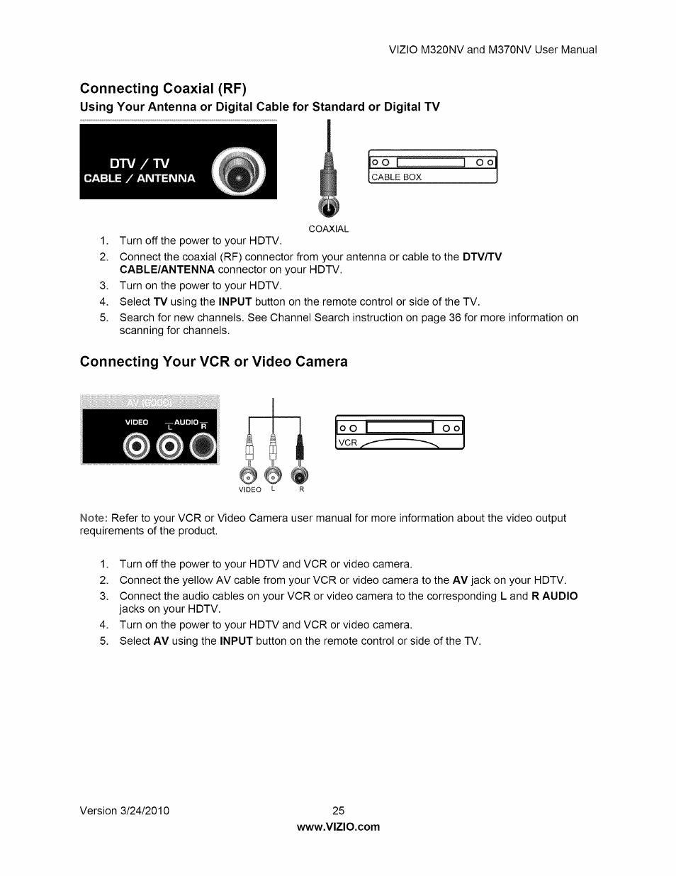 Connecting coaxial (rf), Connecting your vcr or video camera | Vizio M320NV User Manual | Page 25 / 63