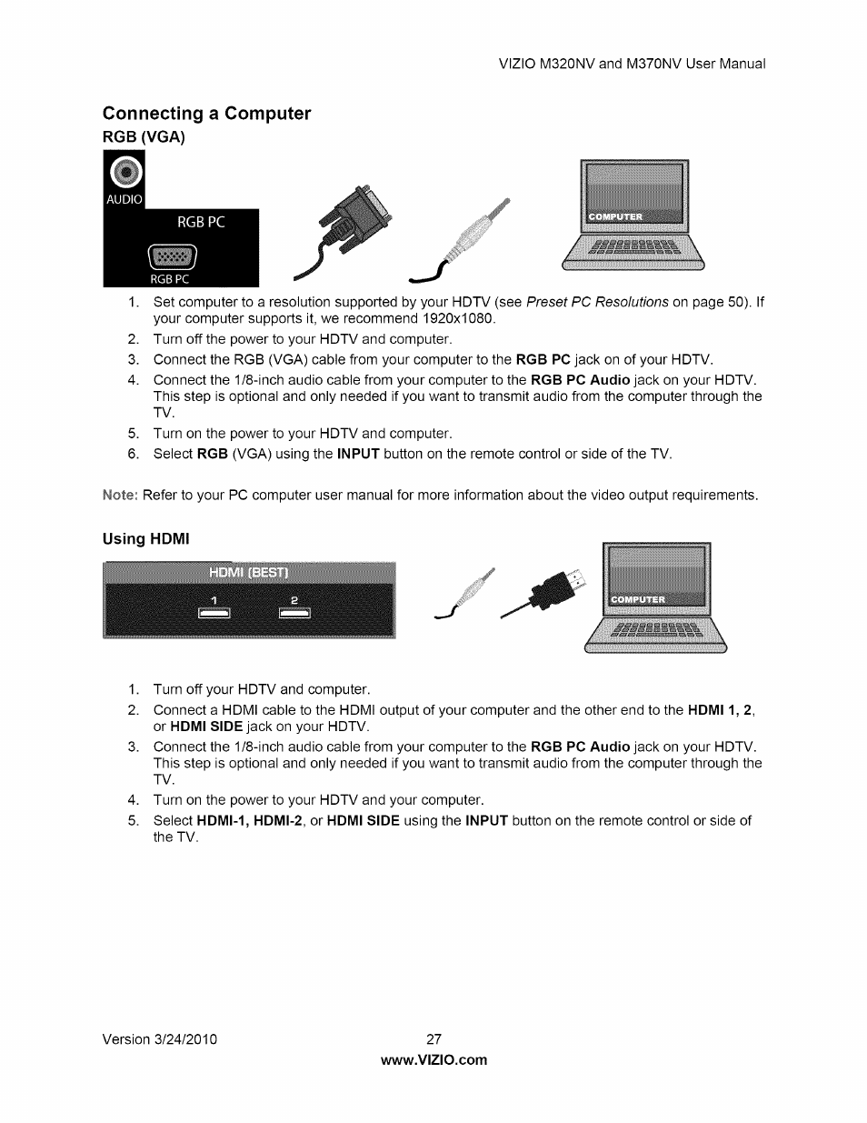 Connecting a computer, Rgb (vga) | Vizio M320NV User Manual | Page 27 / 63