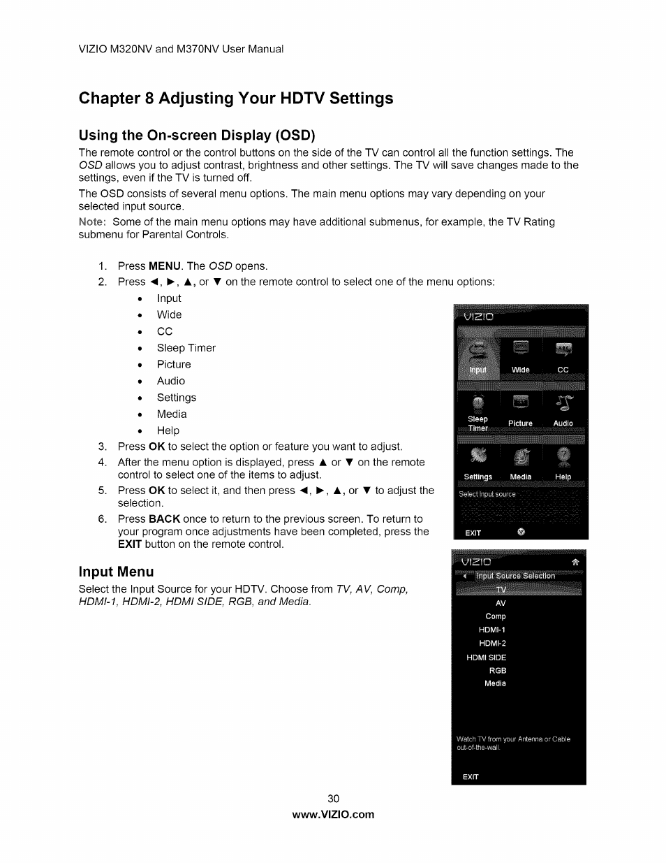 Chapter 8 adjusting your hdtv settings, Using the on-screen display (osd), Input menu | Vizio M320NV User Manual | Page 30 / 63