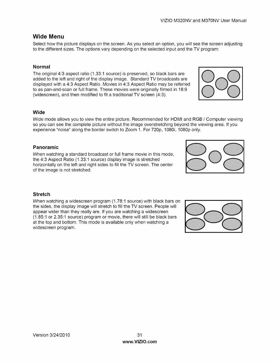 Wide menu, Normal, Wide | Panoramic, Stretch, Panoramic stretch | Vizio M320NV User Manual | Page 31 / 63
