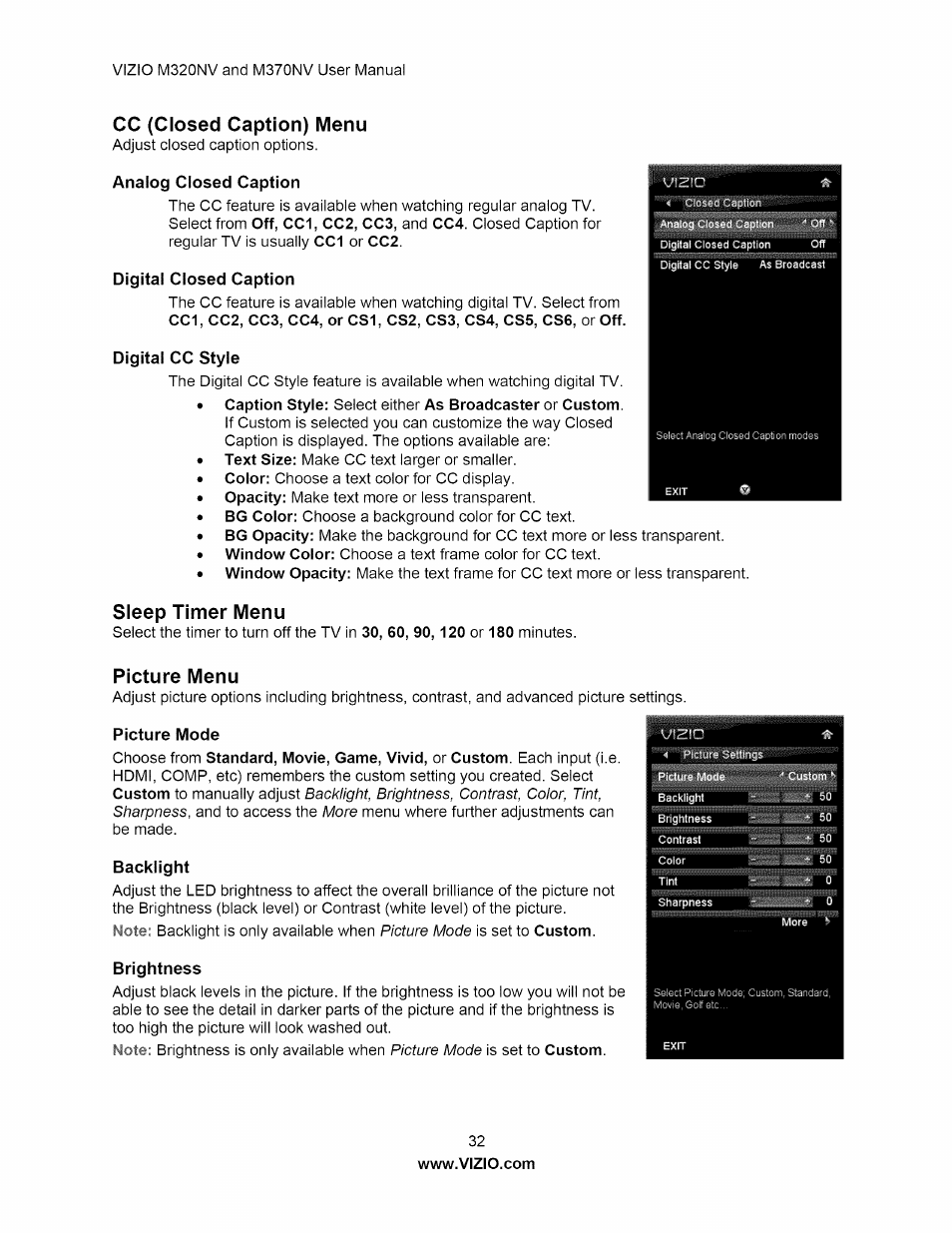 Cc (closed caption) menu, Analog closed caption, Digital closed caption | Digital cc style, Sleep timer menu, Picture menu, Picture mode, Backlight, Brightness, Co (closed caption) menu | Vizio M320NV User Manual | Page 32 / 63