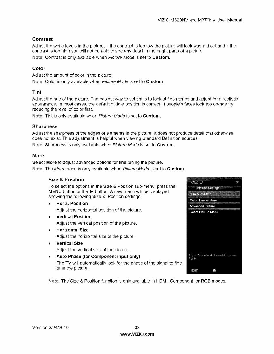 Contrast, Color, Tint | Sharpness, More, Size & position, Contrast color, Tint sharpness | Vizio M320NV User Manual | Page 33 / 63