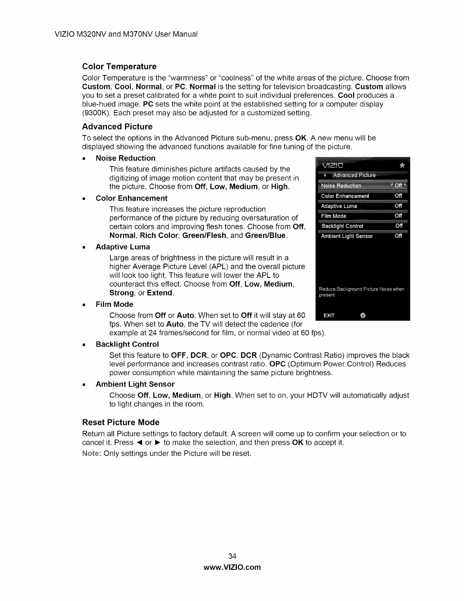 Color temperature, Advanced picture, Reset picture mode | Vizio M320NV User Manual | Page 34 / 63