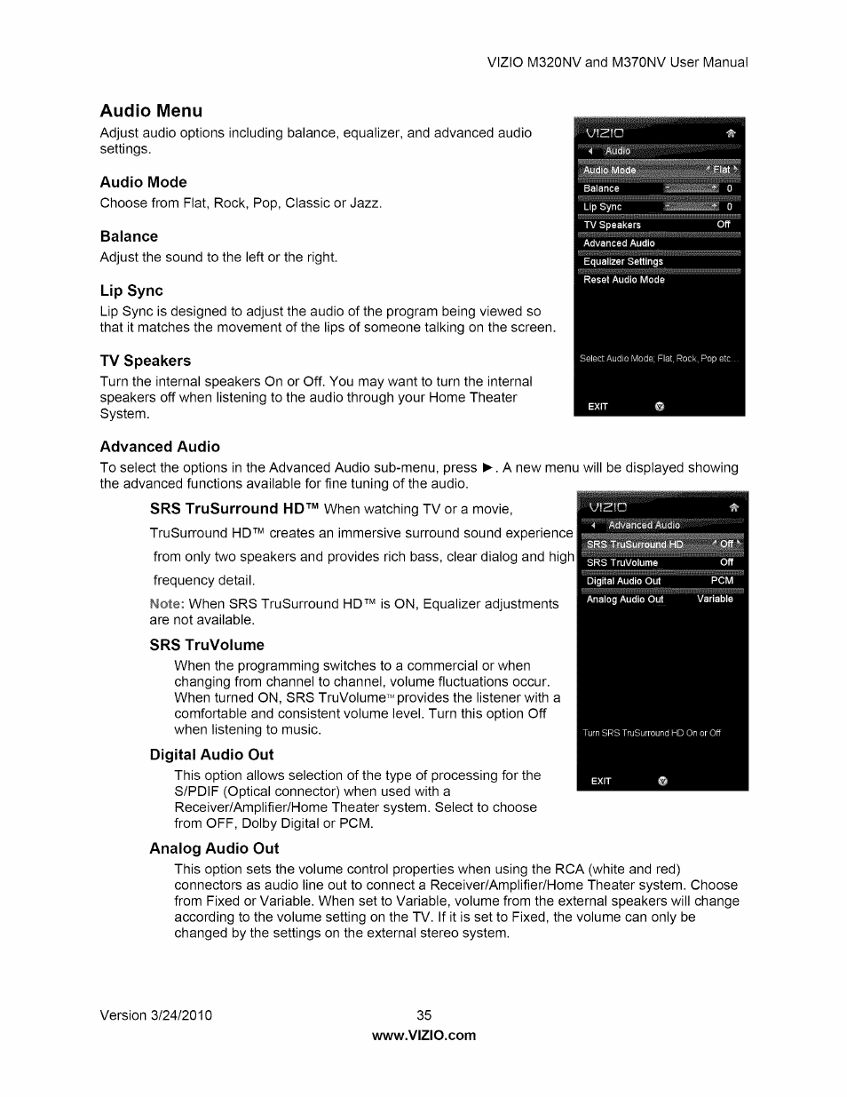 Audio menu, Audio mode, Balance | Lip sync, Tv speakers, Advanced audio, Srs truvolume, Balance lip sync, Tv speakers advanced audio | Vizio M320NV User Manual | Page 35 / 63