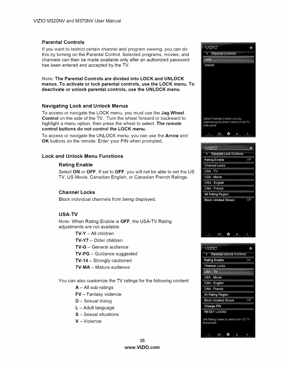 Parental controls, Navigating lock and unlock menus, Lock and unlock menu functions rating enable | Channel locks, Usa-tv | Vizio M320NV User Manual | Page 38 / 63