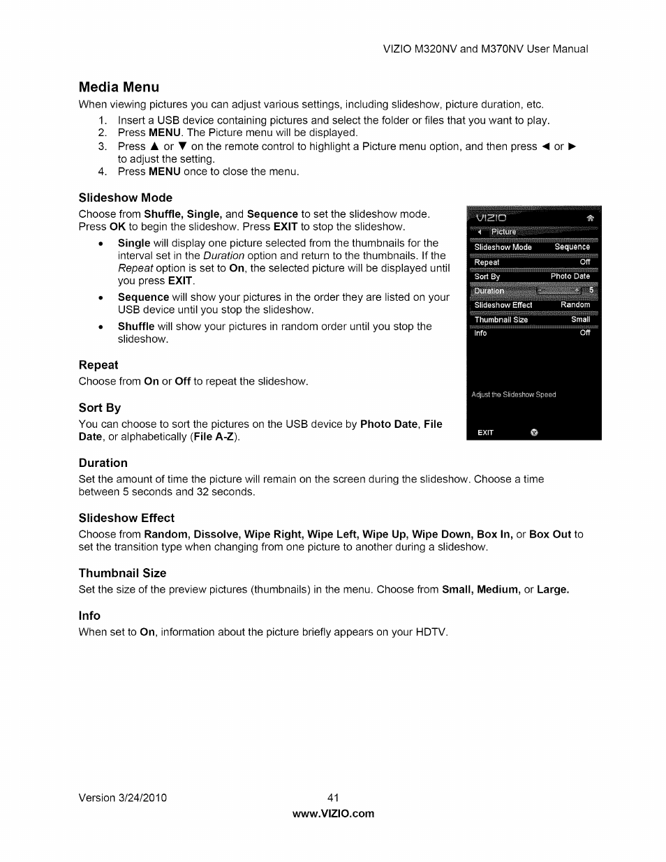 Media menu, Slideshow mode, Repeat | Sort by, Duration, Slideshow effect, Thumbnail size, Slideshow mode repeat, Sort by duration slideshow effect thumbnail size | Vizio M320NV User Manual | Page 41 / 63