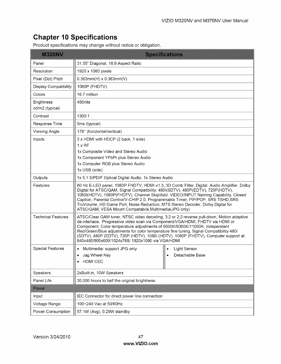Chapter 10 specifications, M320nv | Vizio M320NV User Manual | Page 47 / 63