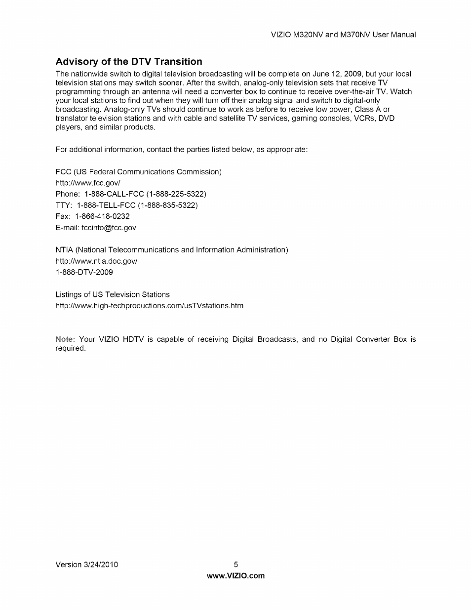 Advisory of the dtv transition | Vizio M320NV User Manual | Page 5 / 63