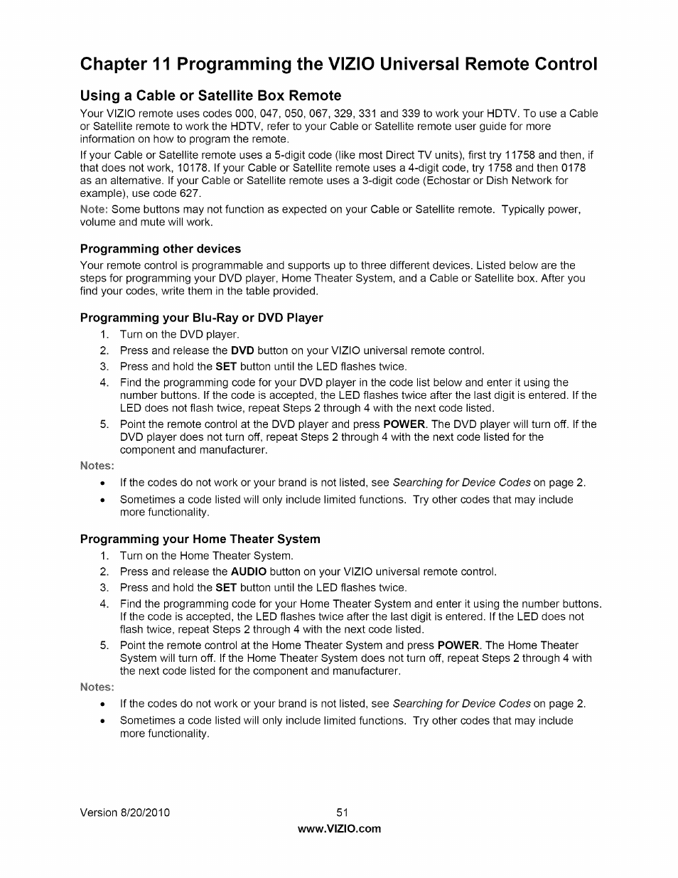 Using a cable or satellite box remote, Programming other devices, Programming your blu-ray or dvd player | Programming your home theater system | Vizio M320NV User Manual | Page 51 / 63