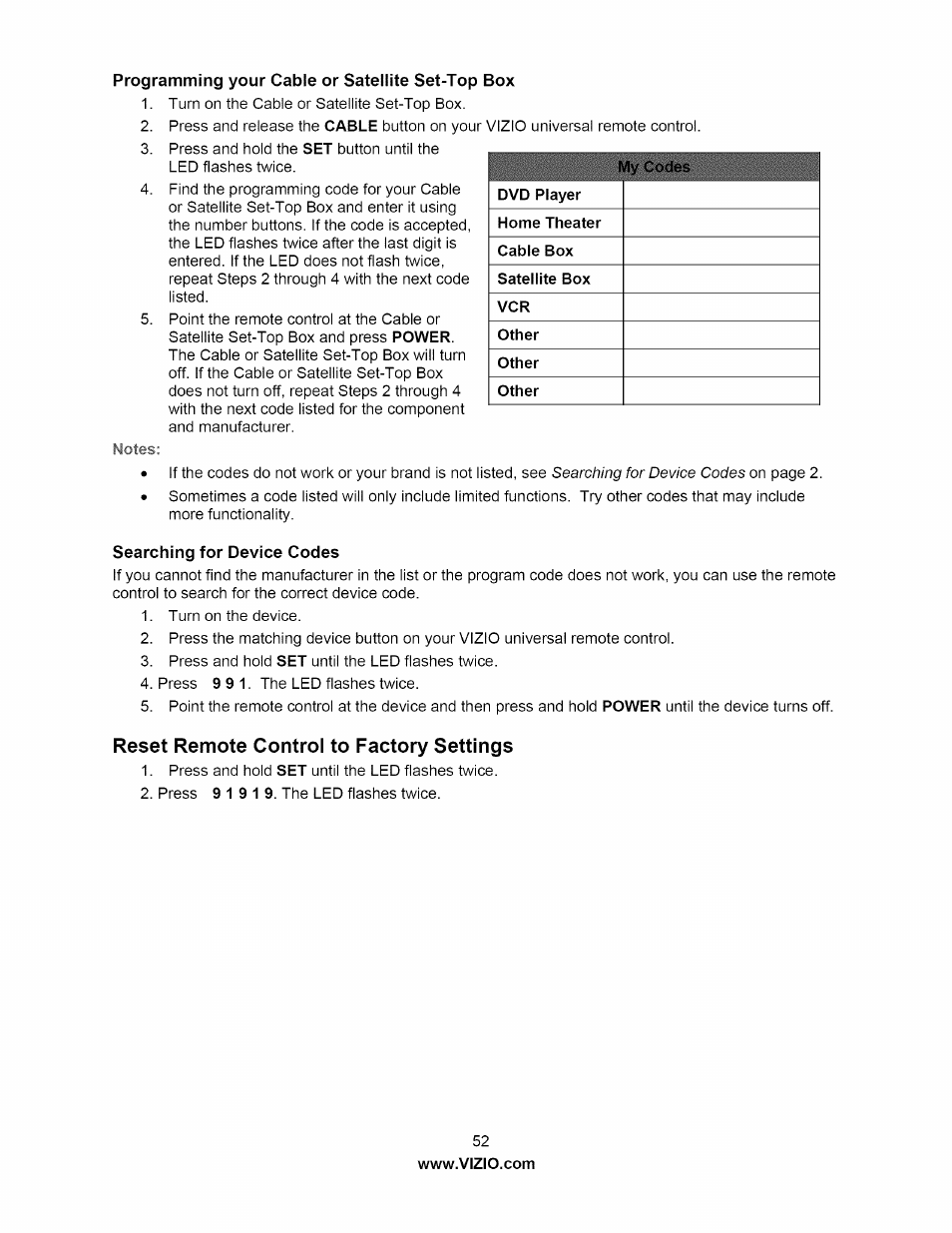 Programming your cable or satellite set-top box, Searching for device codes, Reset remote control to factory settings | Reset remote to factory settings | Vizio M320NV User Manual | Page 52 / 63