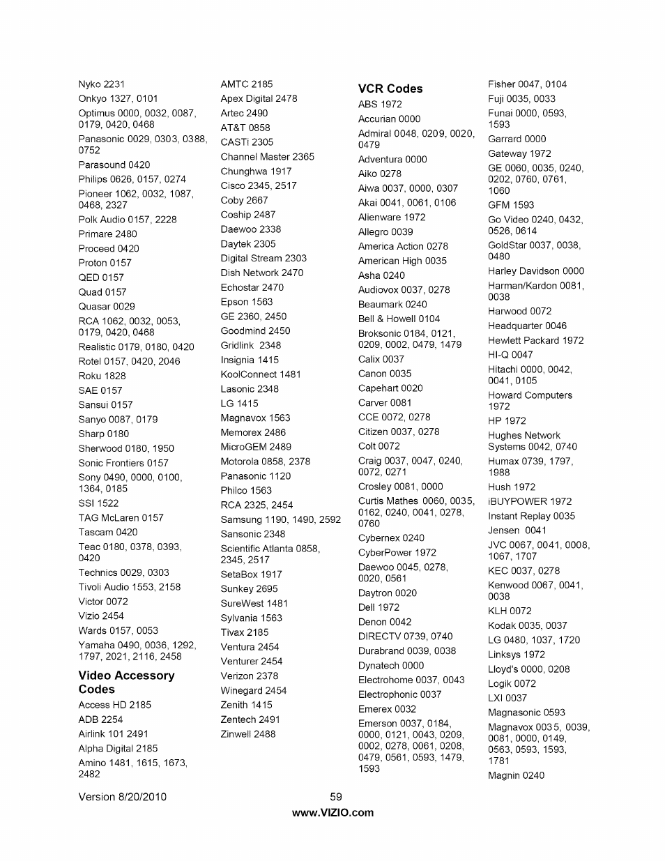 Vcr codes | Vizio M320NV User Manual | Page 59 / 63