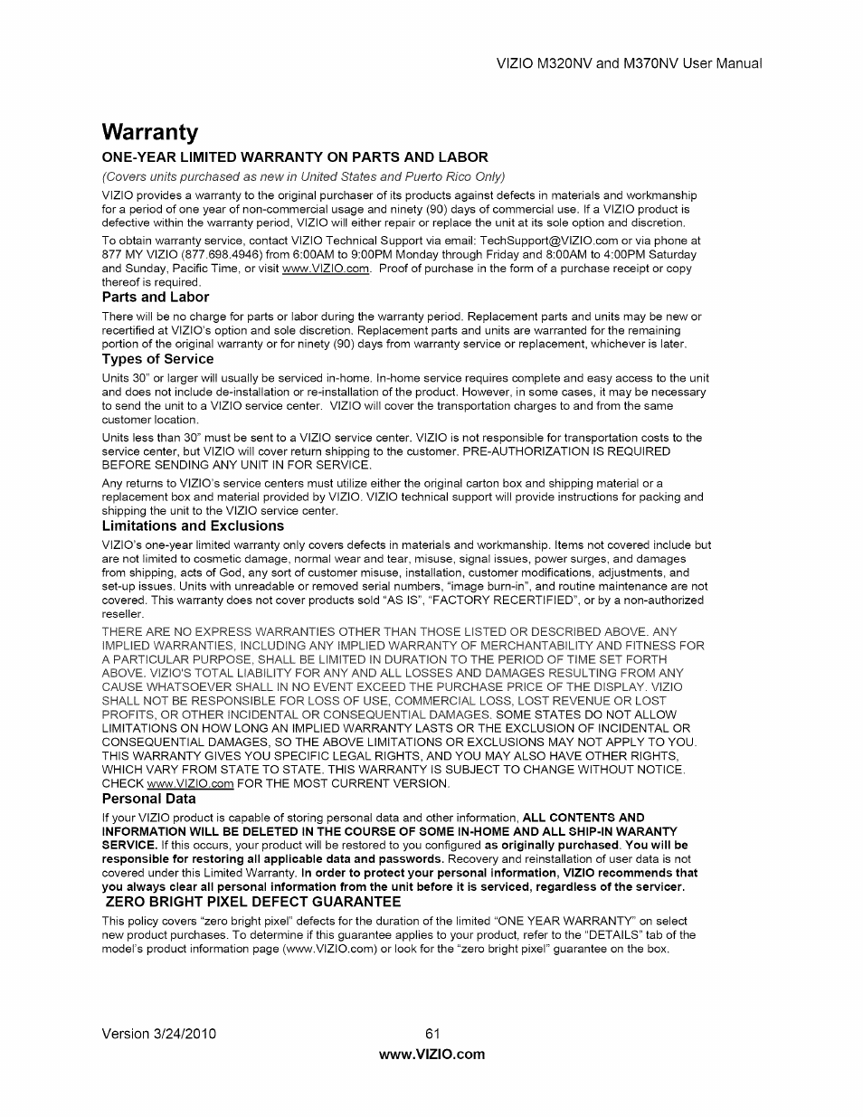 Warranty | Vizio M320NV User Manual | Page 61 / 63