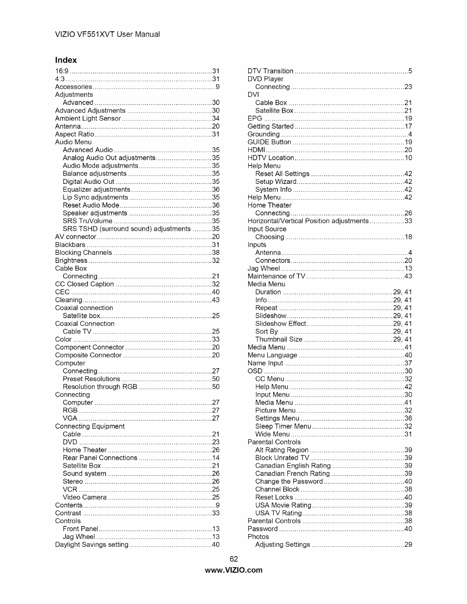 Index | Vizio M320NV User Manual | Page 62 / 63