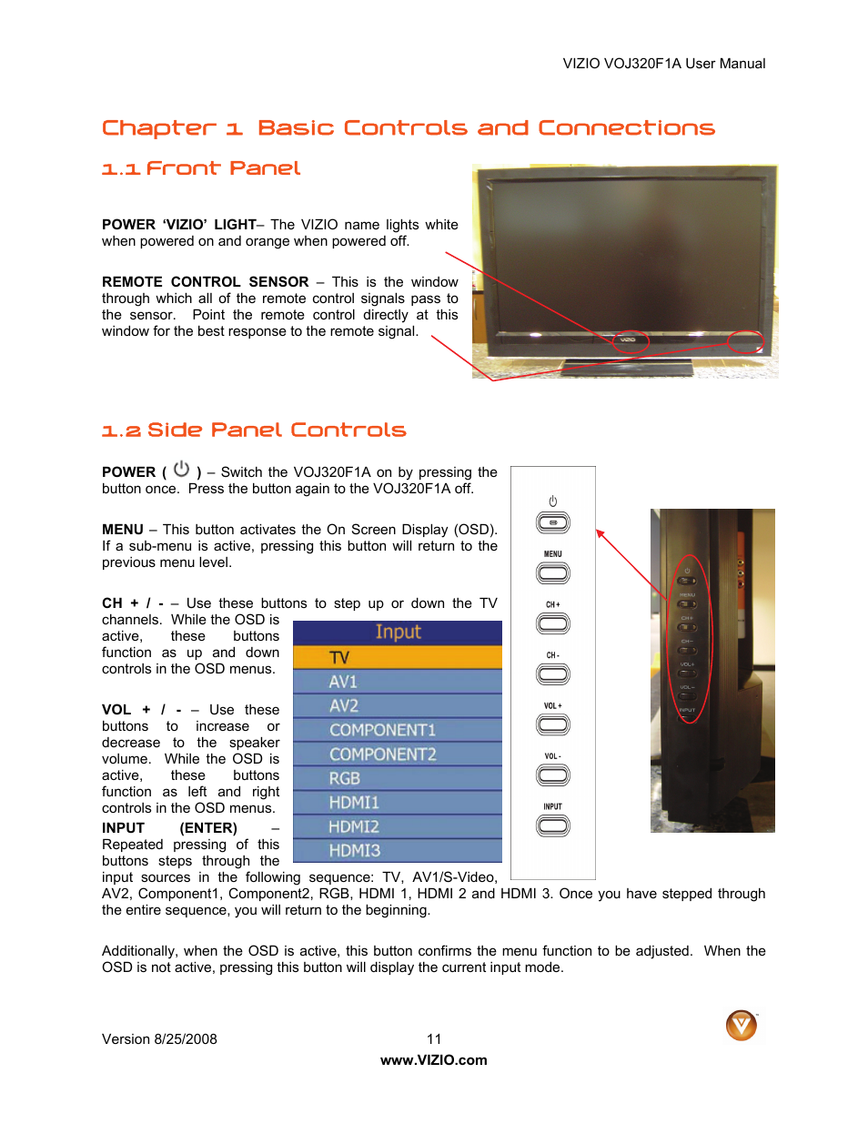 Chapter 1 basic controls and connections, 1 front panel, 2 side panel controls | Vizio VOJ320F1A User Manual | Page 11 / 76