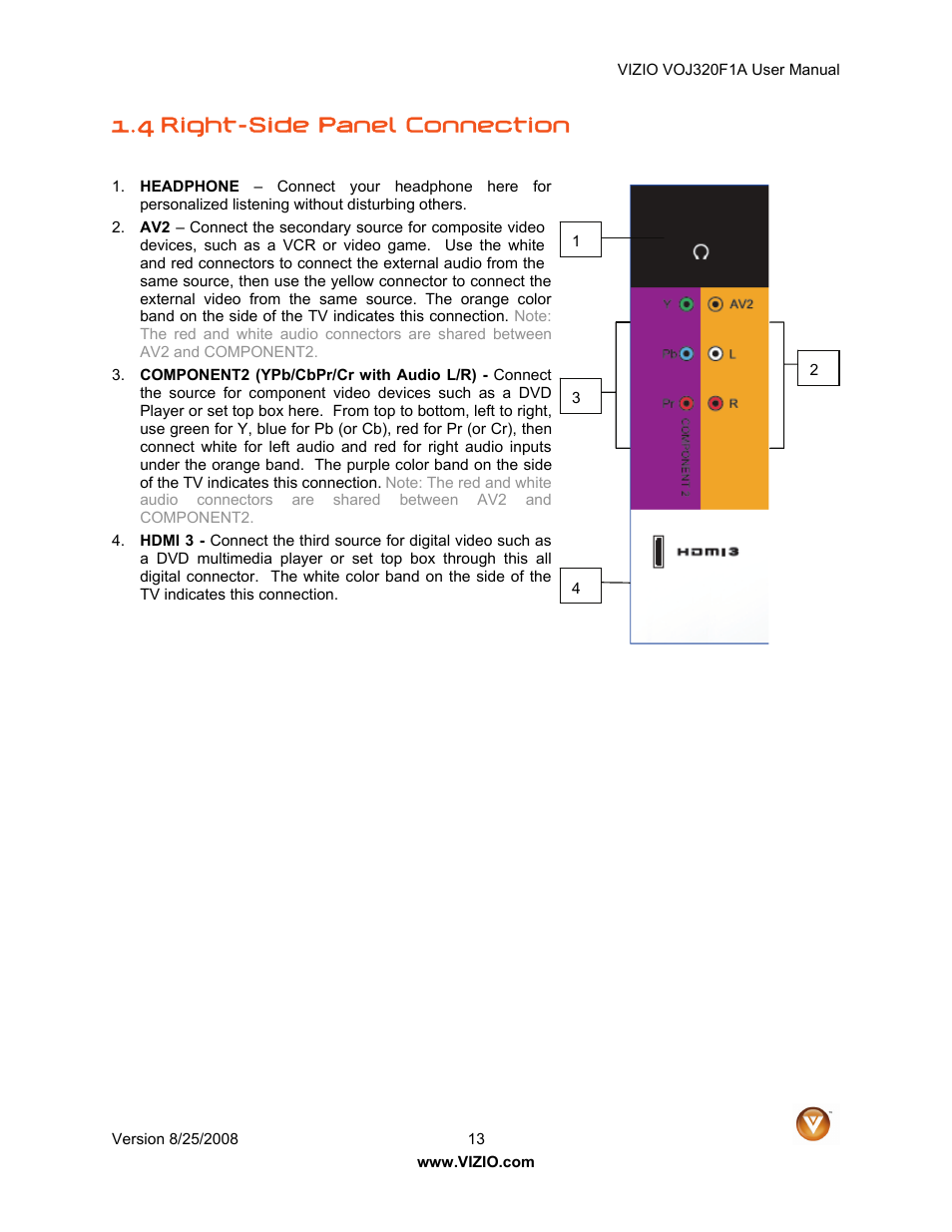 4 right-side panel connection | Vizio VOJ320F1A User Manual | Page 13 / 76