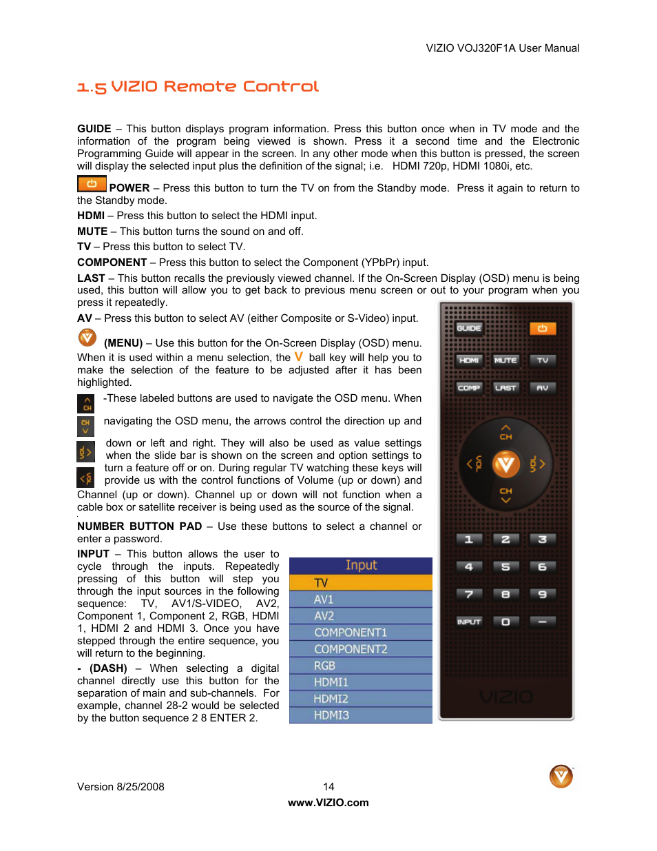 5 vizio remote control | Vizio VOJ320F1A User Manual | Page 14 / 76