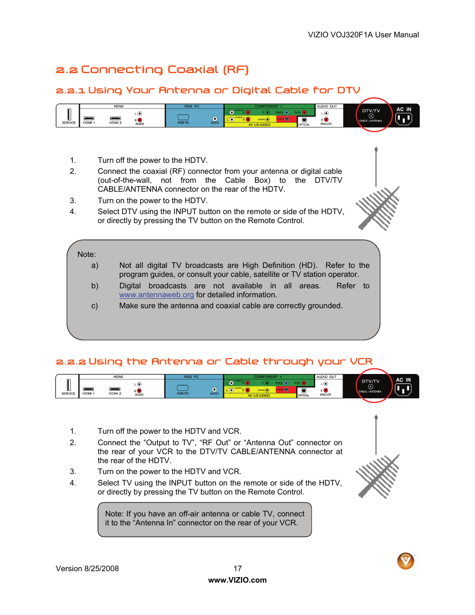 2 connecting coaxial (rf) | Vizio VOJ320F1A User Manual | Page 17 / 76