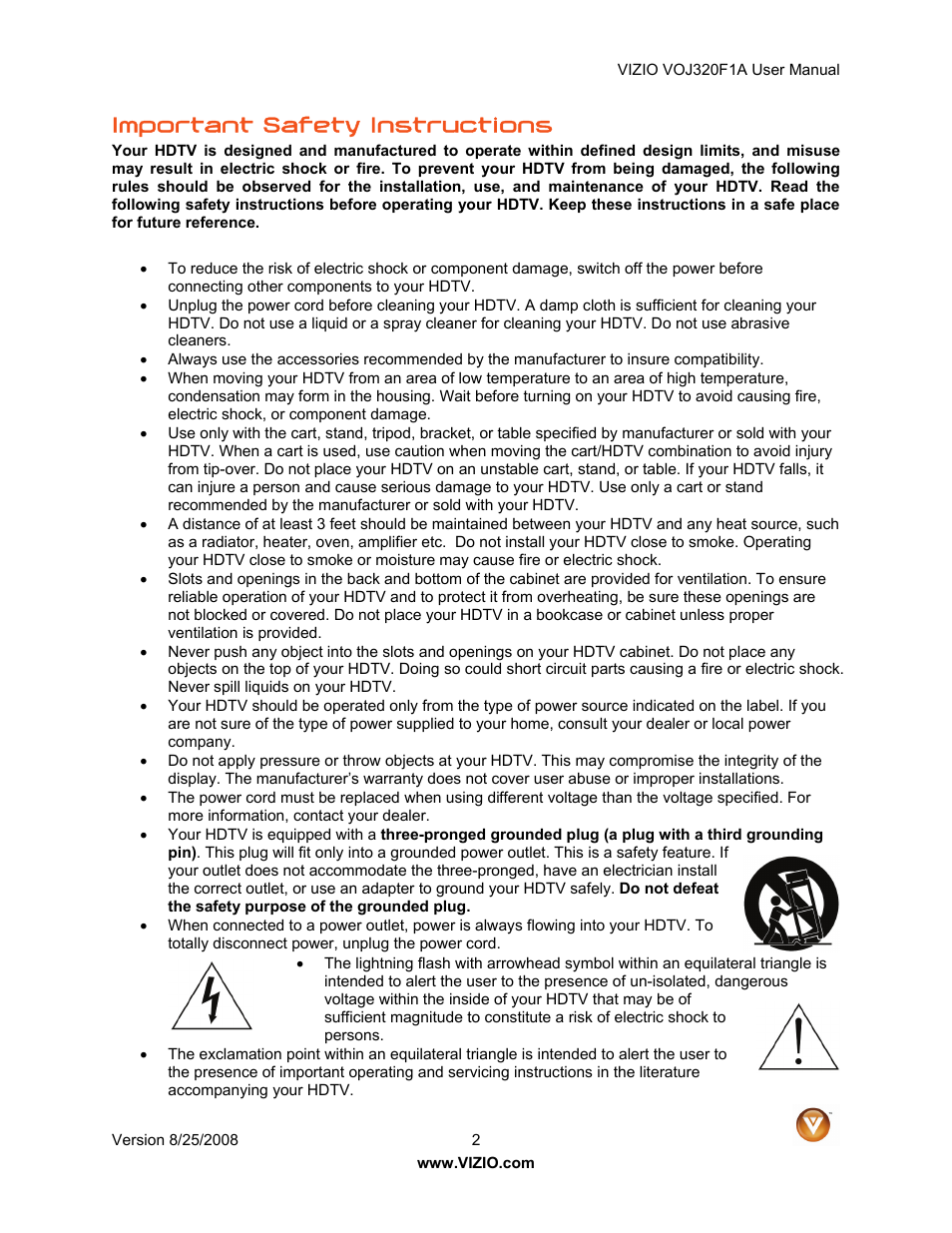 Important safety instructions | Vizio VOJ320F1A User Manual | Page 2 / 76