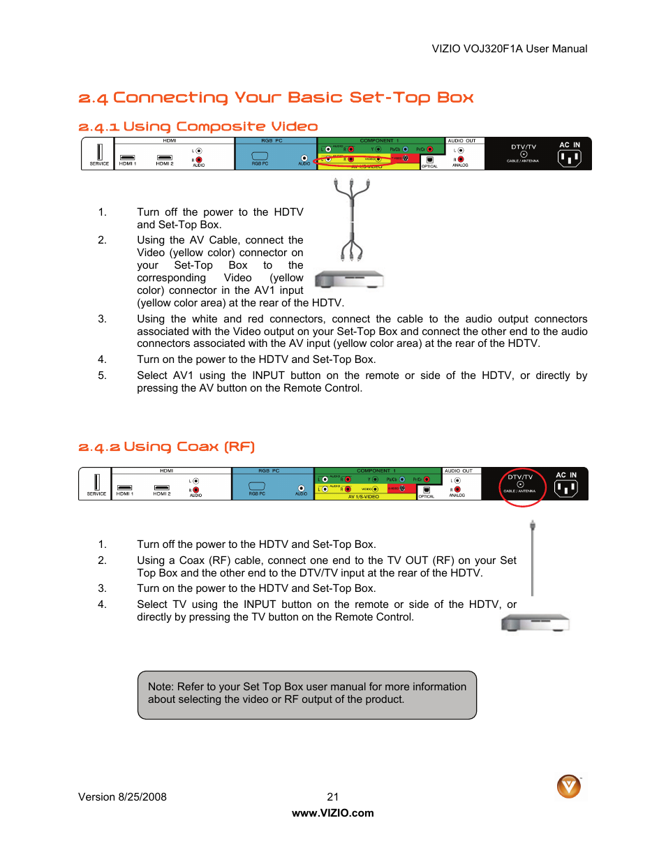 4 connecting your basic set-top box | Vizio VOJ320F1A User Manual | Page 21 / 76