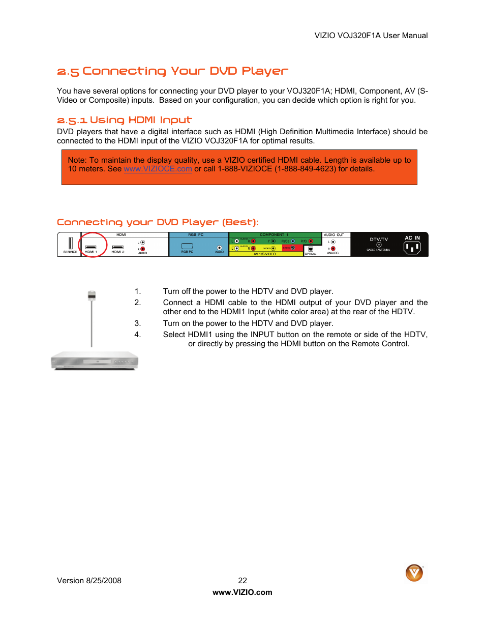 5 connecting your dvd player | Vizio VOJ320F1A User Manual | Page 22 / 76