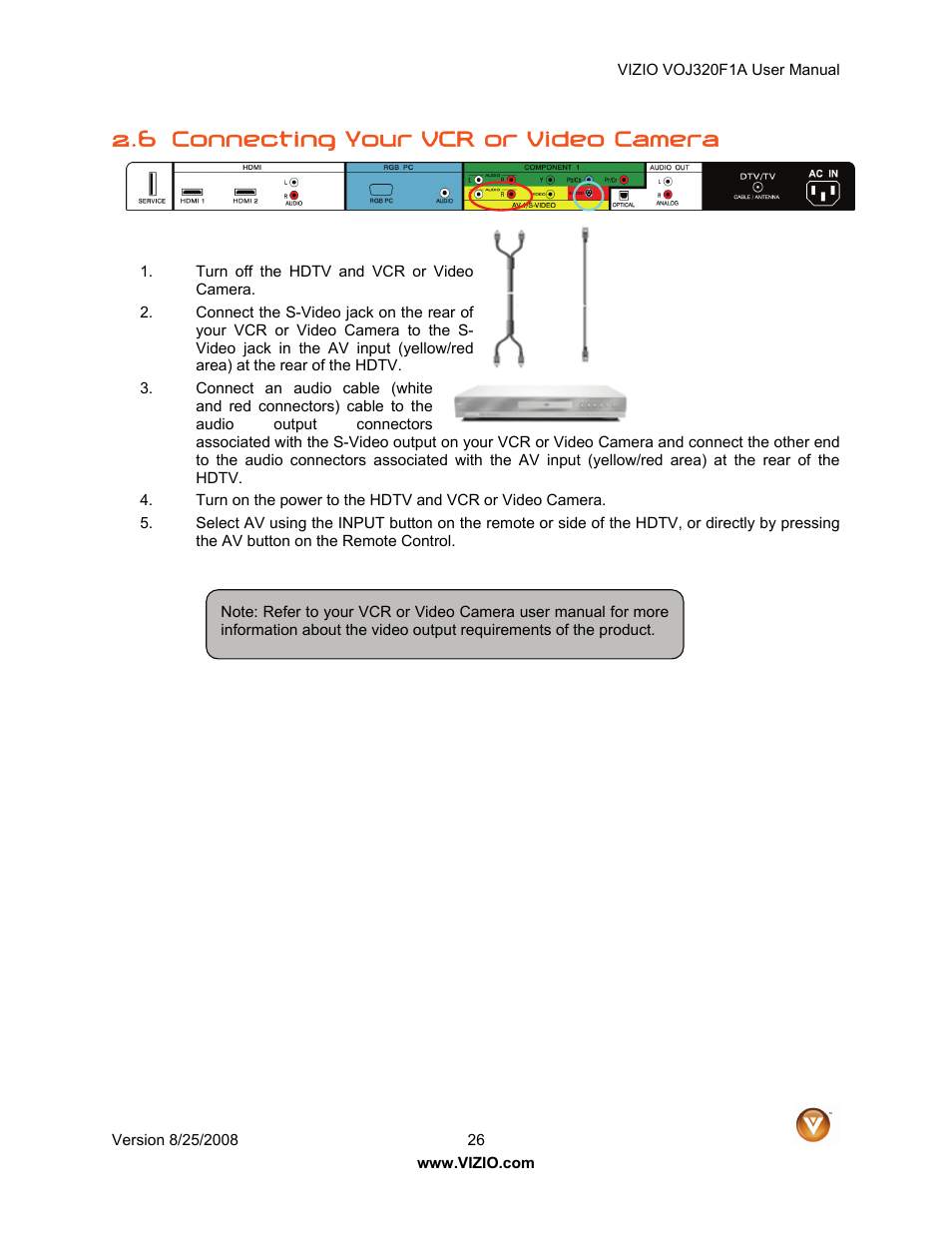 6 connecting your vcr or video camera | Vizio VOJ320F1A User Manual | Page 26 / 76