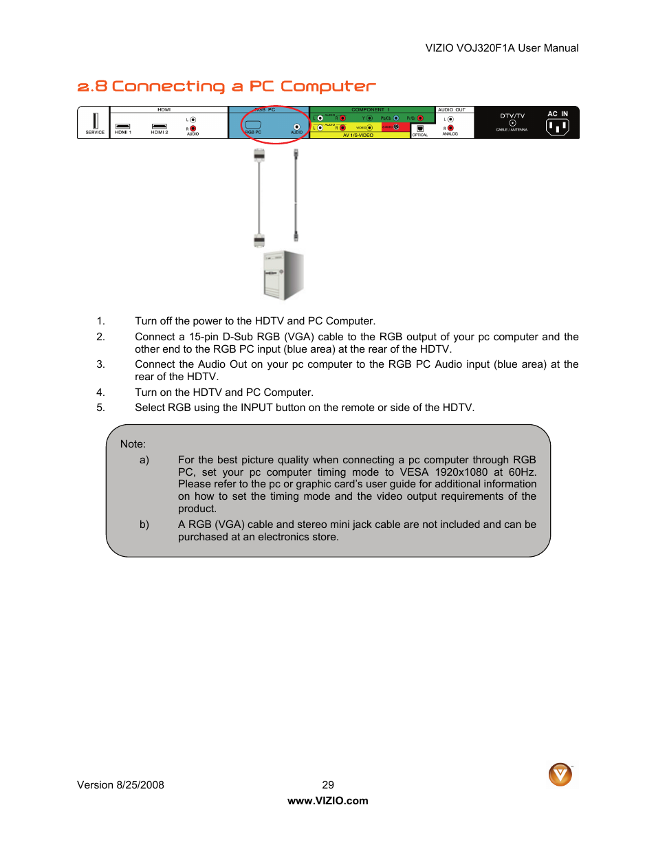 8 connecting a pc computer | Vizio VOJ320F1A User Manual | Page 29 / 76