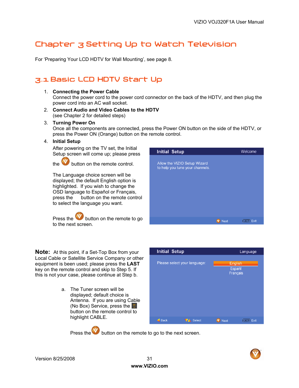 Chapter 3 setting up to watch television, 1 basic lcd hdtv start up | Vizio VOJ320F1A User Manual | Page 31 / 76
