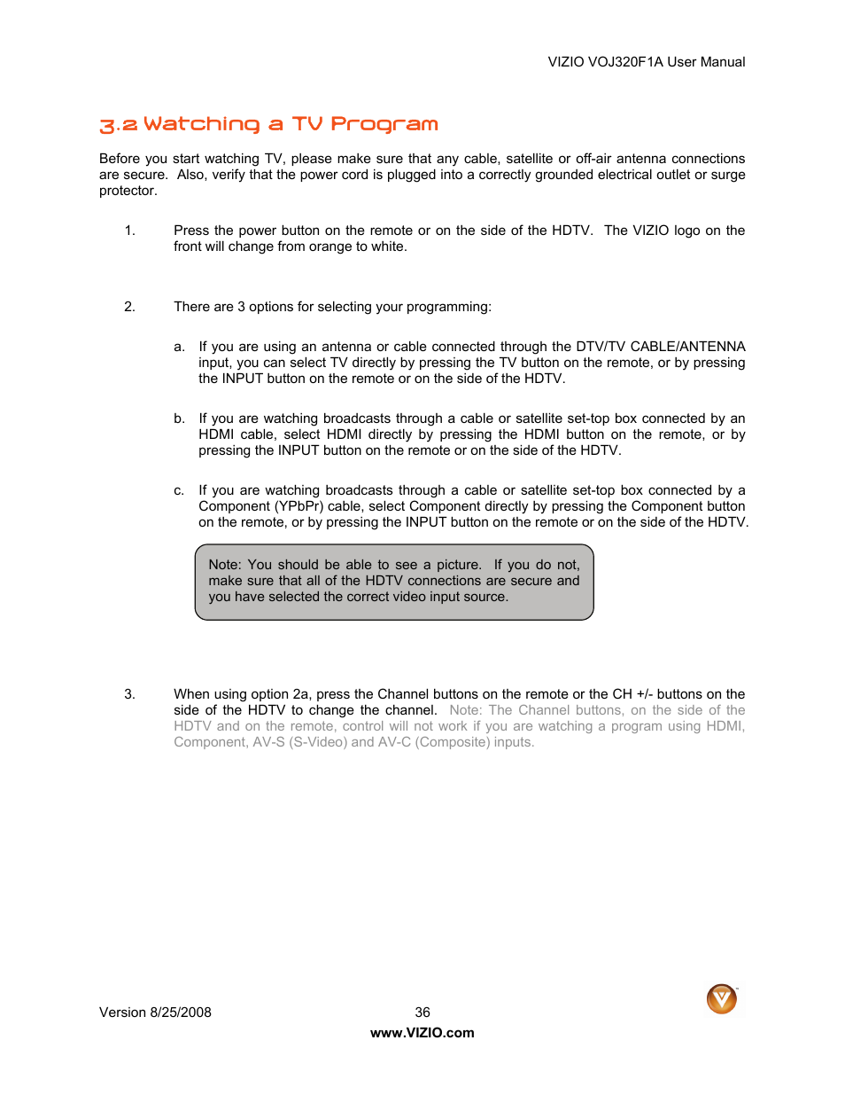 2 watching a tv program | Vizio VOJ320F1A User Manual | Page 36 / 76