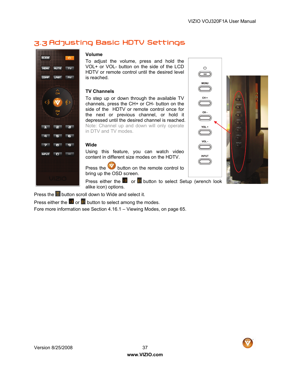 3 adjusting basic hdtv settings | Vizio VOJ320F1A User Manual | Page 37 / 76