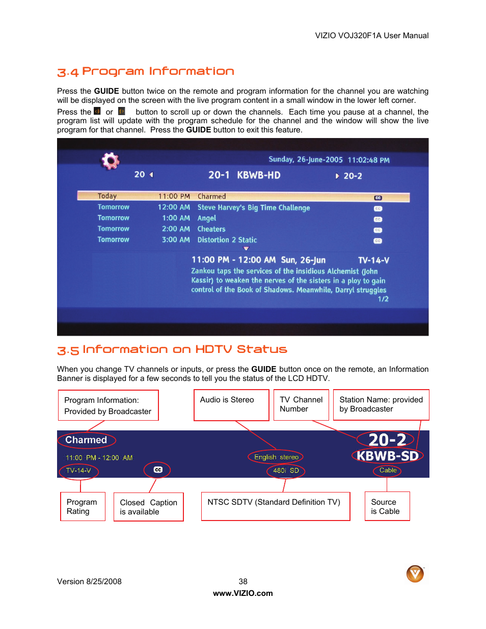 4 program information, 5 information on hdtv status | Vizio VOJ320F1A User Manual | Page 38 / 76