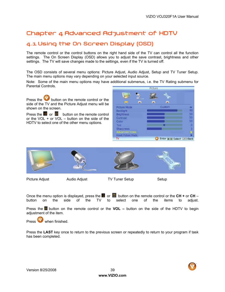 Chapter 4 advanced adjustment of hdtv, 1 using the on screen display (osd) | Vizio VOJ320F1A User Manual | Page 39 / 76