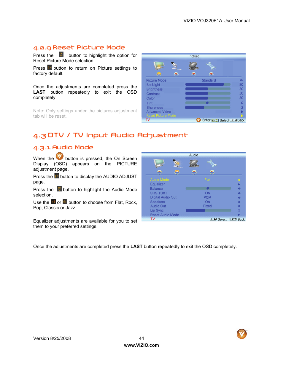 3 dtv / tv input audio adjustment | Vizio VOJ320F1A User Manual | Page 44 / 76