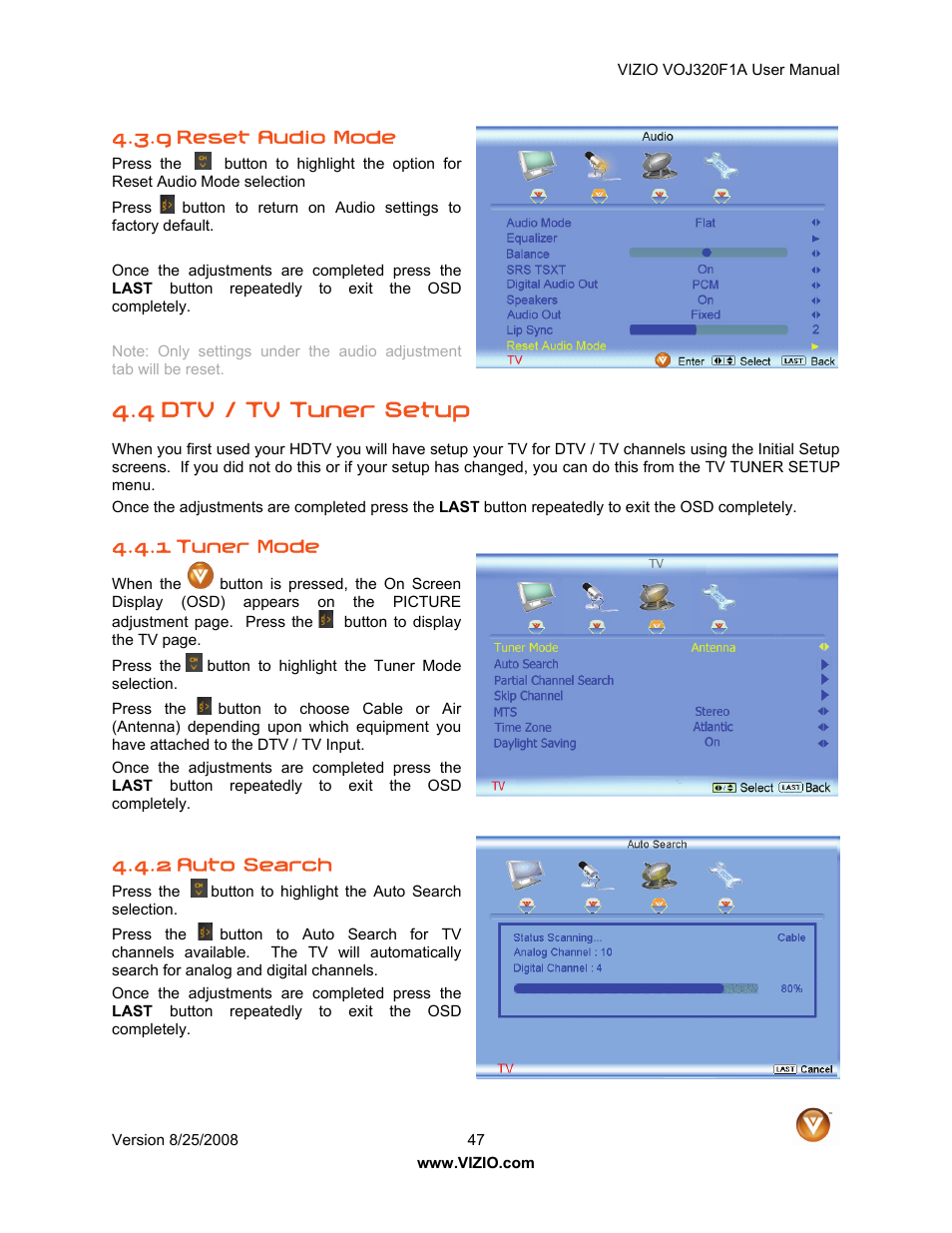 4 dtv / tv tuner setup | Vizio VOJ320F1A User Manual | Page 47 / 76