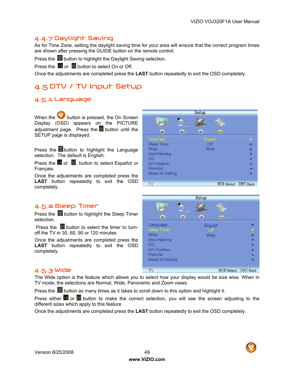 5 dtv / tv input setup | Vizio VOJ320F1A User Manual | Page 49 / 76