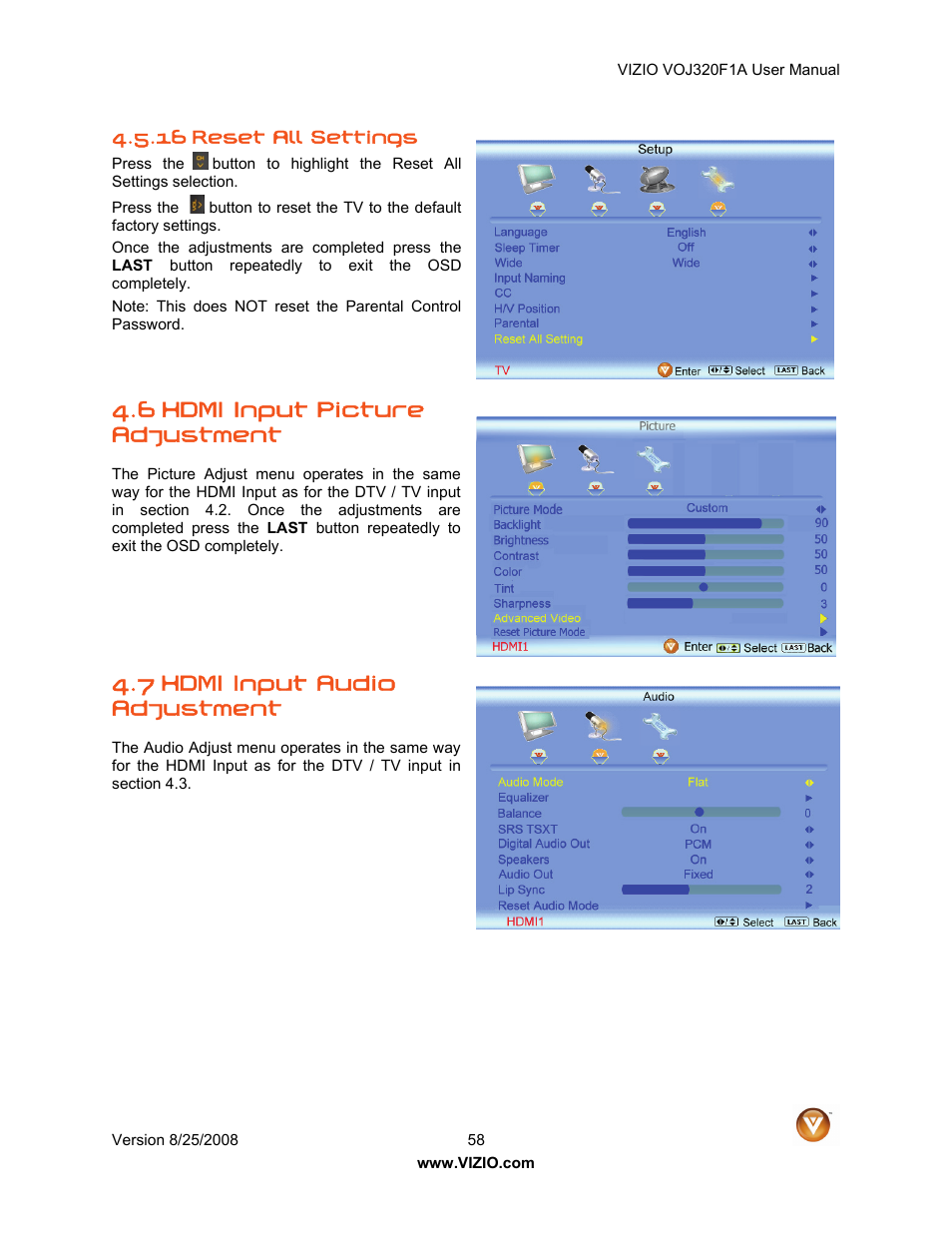 6 hdmi input picture adjustment, 7 hdmi input audio adjustment | Vizio VOJ320F1A User Manual | Page 58 / 76