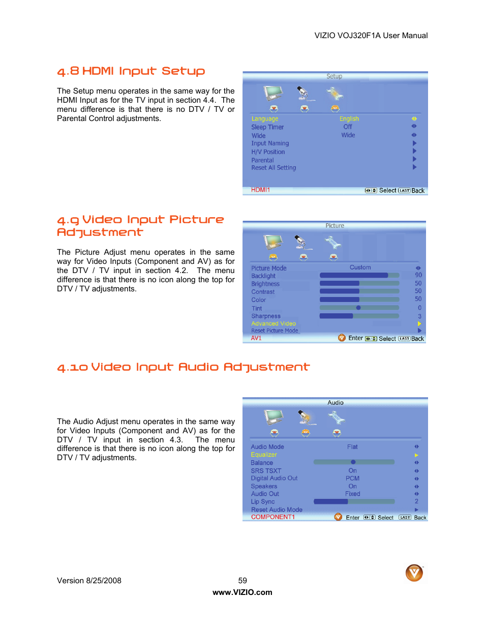 8 hdmi input setup, 9 video input picture adjustment, 10 video input audio adjustment | Vizio VOJ320F1A User Manual | Page 59 / 76