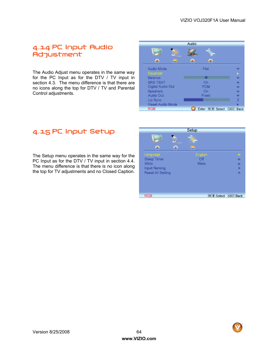 14 pc input audio adjustment, 15 pc input setup | Vizio VOJ320F1A User Manual | Page 64 / 76