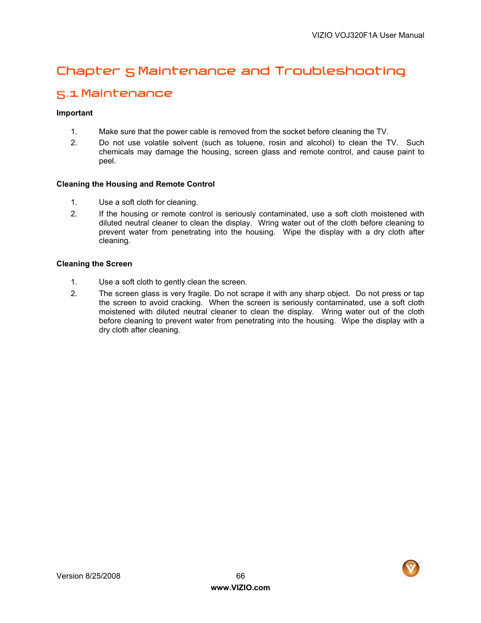 Chapter 5 maintenance and troubleshooting, 1 maintenance | Vizio VOJ320F1A User Manual | Page 66 / 76