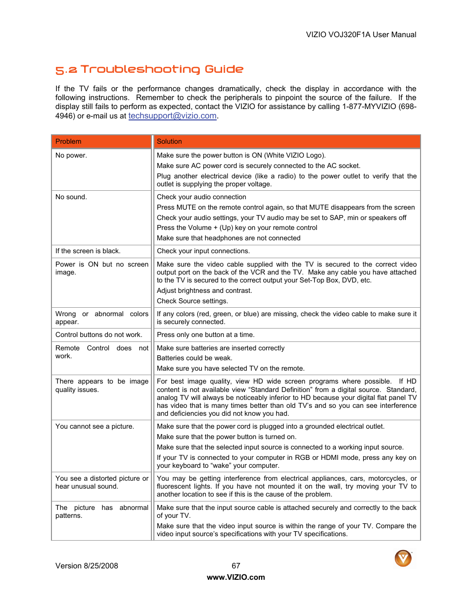 2 troubleshooting guide | Vizio VOJ320F1A User Manual | Page 67 / 76