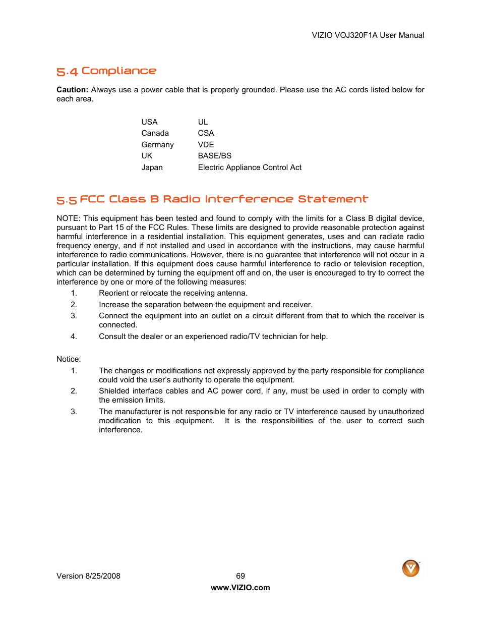 Compliance, 5 fcc class b radio interference statement | Vizio VOJ320F1A User Manual | Page 69 / 76