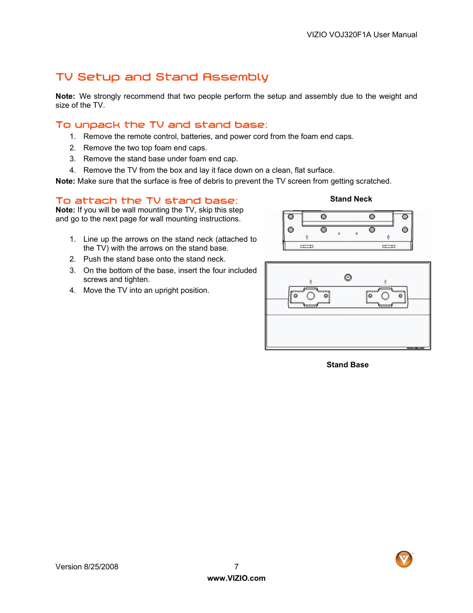 Tv setup and stand assembly | Vizio VOJ320F1A User Manual | Page 7 / 76