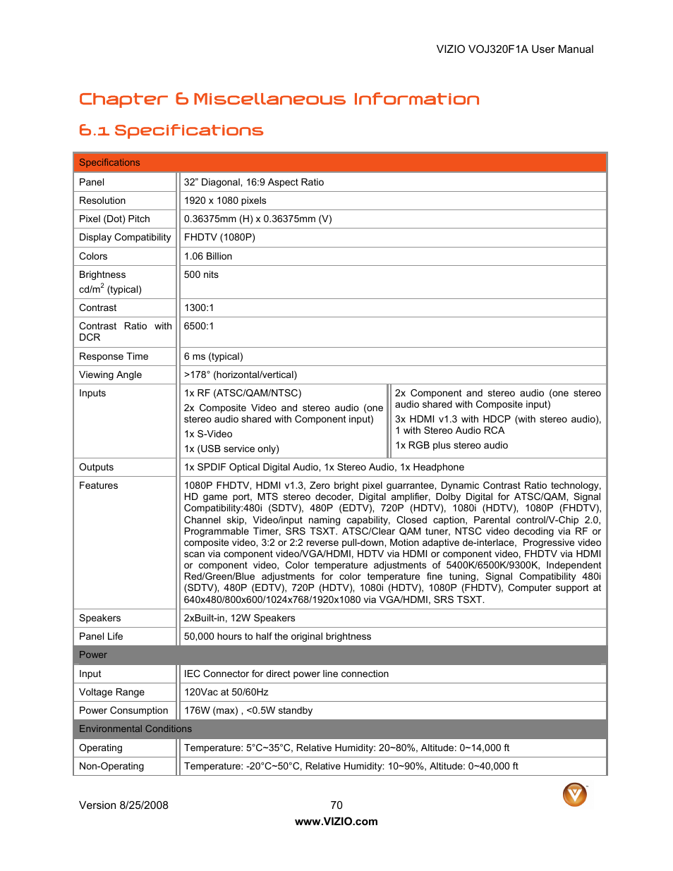 Chapter 6 miscellaneous information, 1 specifications | Vizio VOJ320F1A User Manual | Page 70 / 76